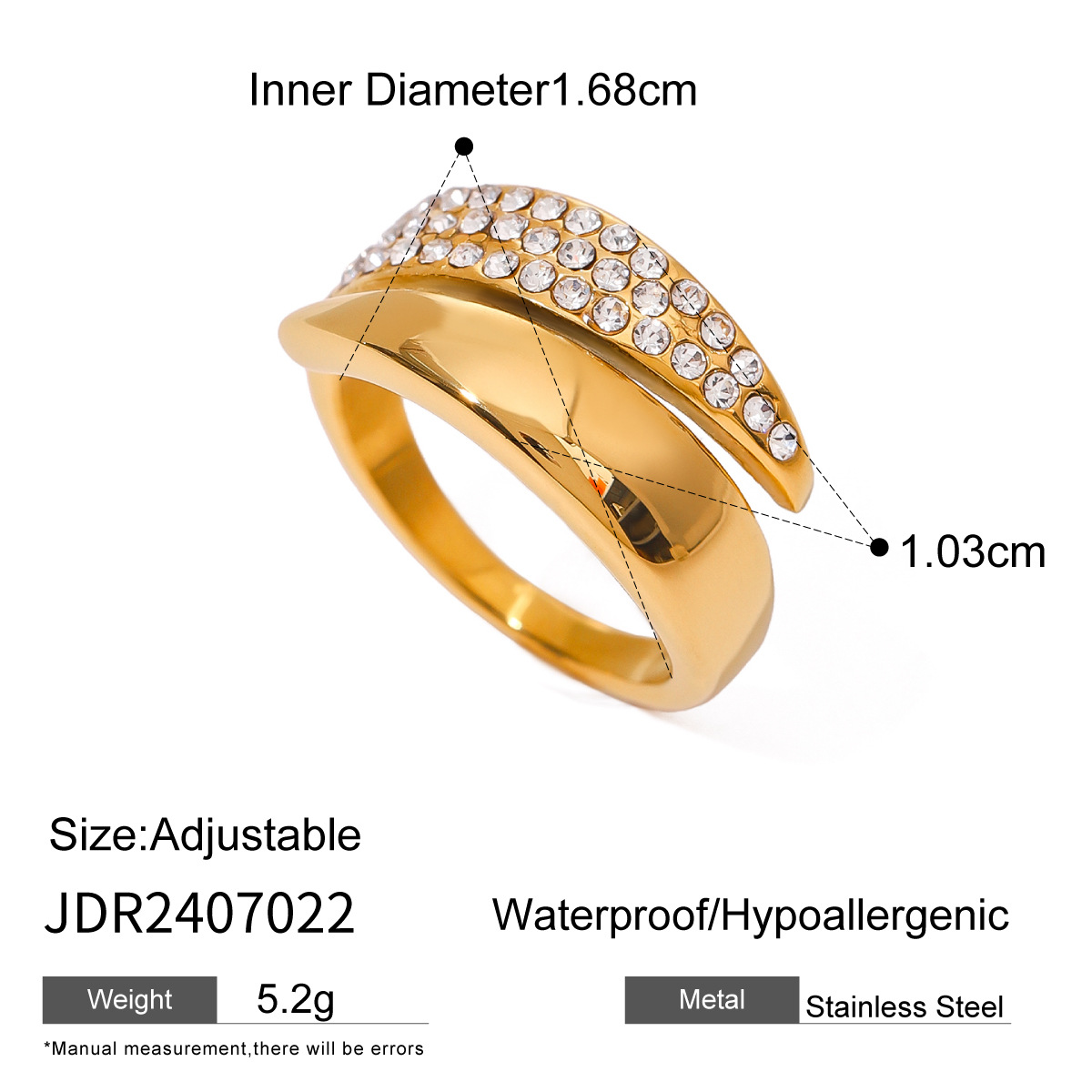 1 stuk eenvoudige retro-stijl geometrische roestvrij staal 18K vergulde inleg strass dames verstelbare ringen h5 Afbeelding2